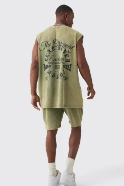 Oversized Washed Heavyweight Waffle Graphic Tank & Short Set | BoohooMAN UK