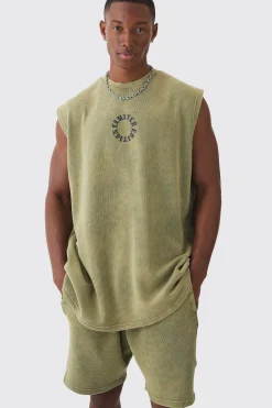 Oversized Washed Heavyweight Waffle Graphic Tank & Short Set | BoohooMAN UK