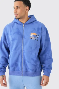 Oversized Washed Homme Paint Splatter Zip Through Hoodie | BoohooMAN UK