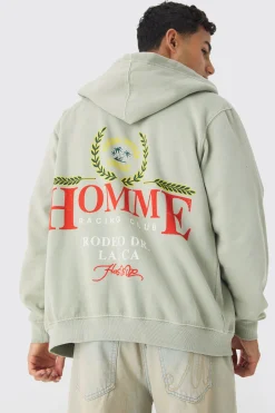 Oversized Washed Homme Print Zip Through Hoodie | BoohooMAN UK