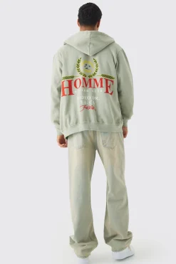 Oversized Washed Homme Print Zip Through Hoodie | BoohooMAN UK