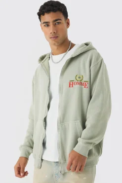 Oversized Washed Homme Print Zip Through Hoodie | BoohooMAN UK