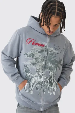 Oversized Washed Horse Print Zip Through Hoodie | BoohooMAN UK