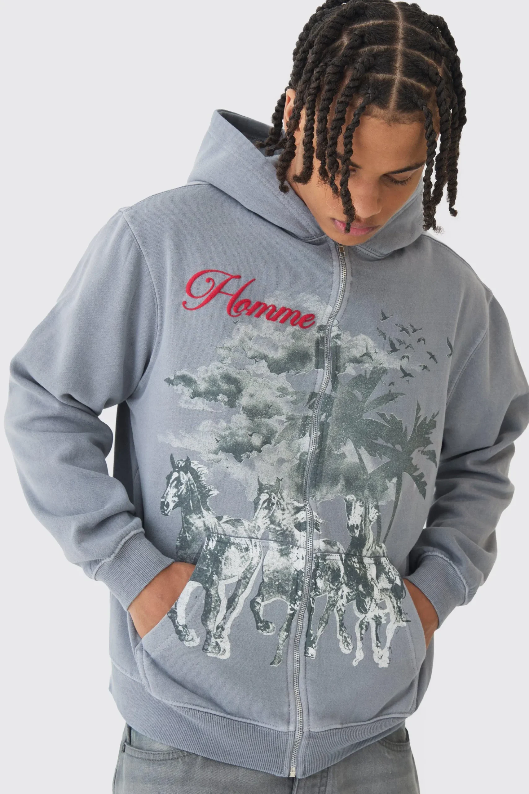 Oversized Washed Horse Print Zip Through Hoodie | BoohooMAN UK