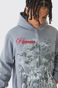 Oversized Washed Horse Print Zip Through Hoodie | BoohooMAN UK