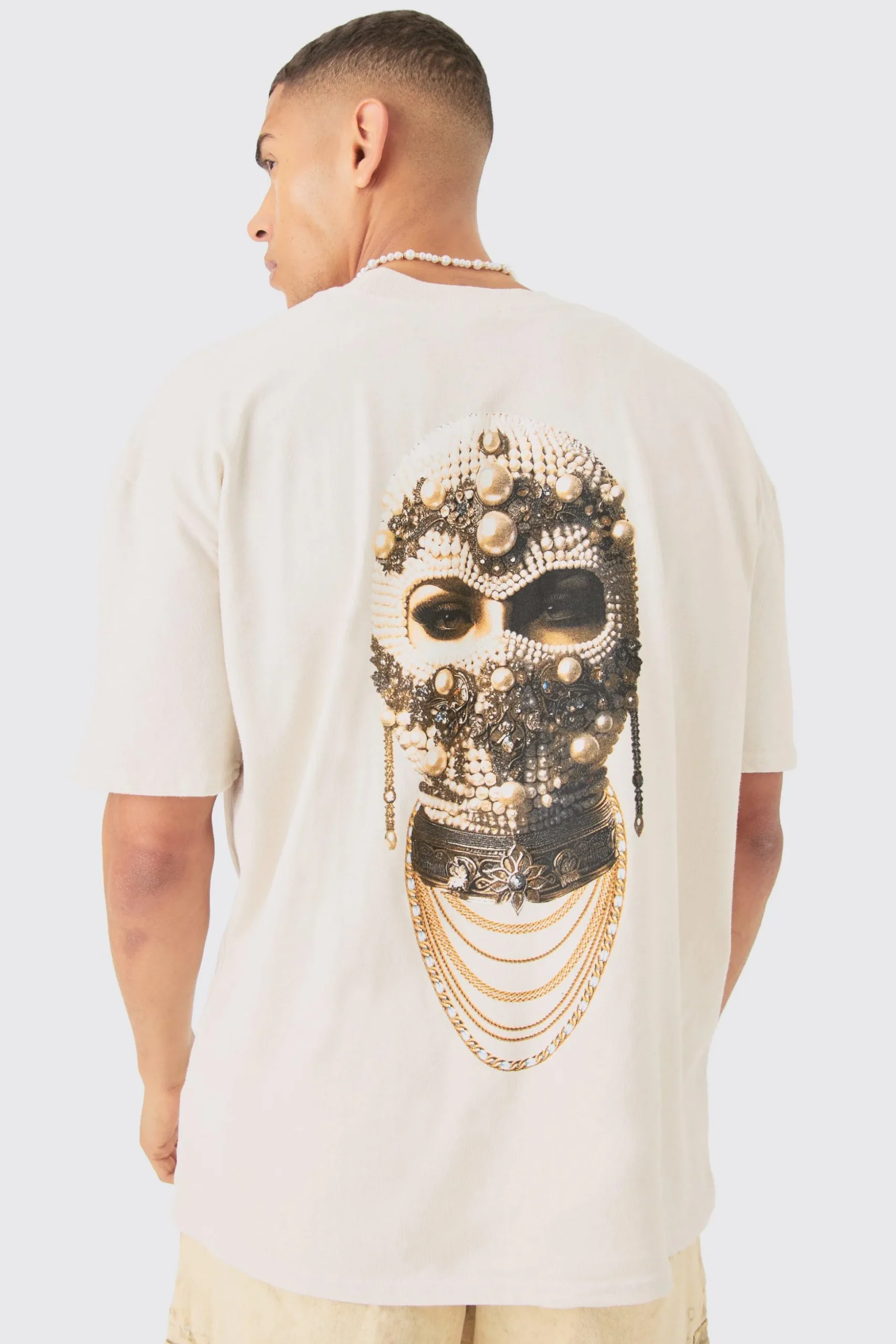 Oversized Washed Jewel Mask Back Print T-shirt | BoohooMAN UK