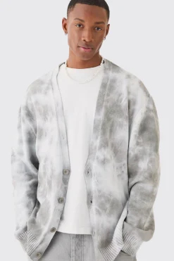 Oversized Washed Knitted Cardigan In Stone | BoohooMAN UK