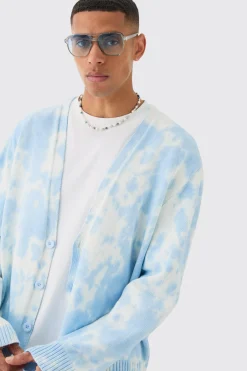 Oversized Washed Knitted Cardigan In Light Blue | BoohooMAN UK