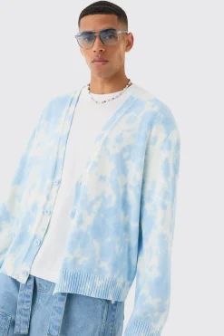 Oversized Washed Knitted Cardigan In Light Blue | BoohooMAN UK