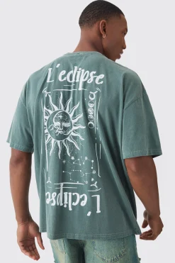 Oversized Washed L 'Eclipse Stencil Print T-shirt | BoohooMAN UK
