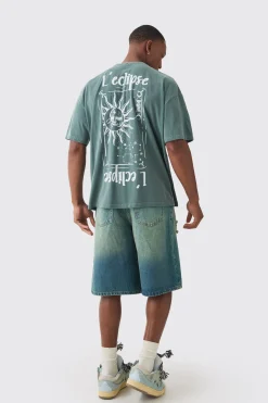 Oversized Washed L 'Eclipse Stencil Print T-shirt | BoohooMAN UK