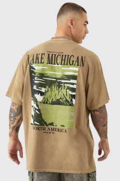 Oversized Washed Lake Michigan Back Printed T-shirt | BoohooMAN UK