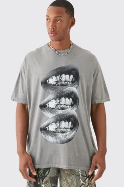 Oversized Washed Lip Graphic T-shirt | BoohooMAN UK