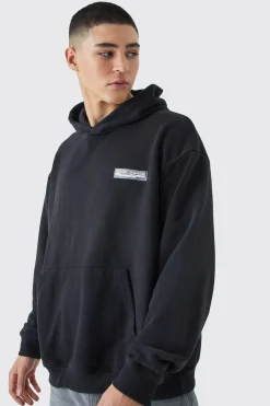 Oversized Washed Loopback Rubber Badge Hoodie | BoohooMAN UK
