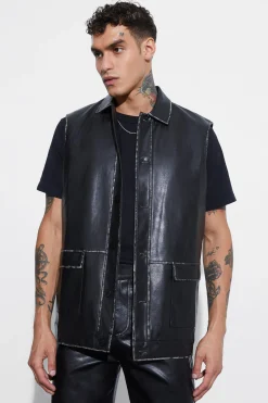 Oversized Washed Pu Sleeveless Blazer | BoohooMAN UK