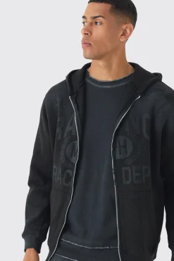 Oversized Washed Racing Print Zip Through Hoodie | BoohooMAN UK