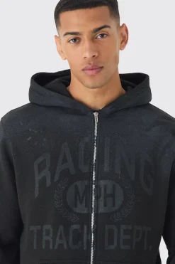 Oversized Washed Racing Print Zip Through Hoodie | BoohooMAN UK