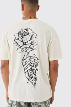 Oversized Washed Rose Line Drawn Back Print T-Shirt | BoohooMAN UK