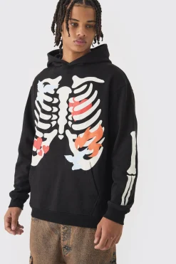 Oversized Washed Skeleton Print Hoodie | BoohooMAN UK
