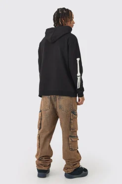 Oversized Washed Skeleton Print Hoodie | BoohooMAN UK