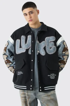 Oversized Washed Sleeve Teddy Varsity Jacket | BoohooMAN UK