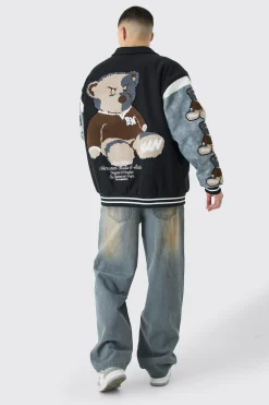 Oversized Washed Sleeve Teddy Varsity Jacket | BoohooMAN UK