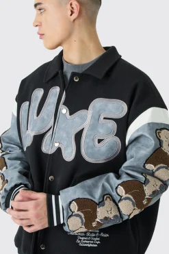 Oversized Washed Sleeve Teddy Varsity Jacket | BoohooMAN UK