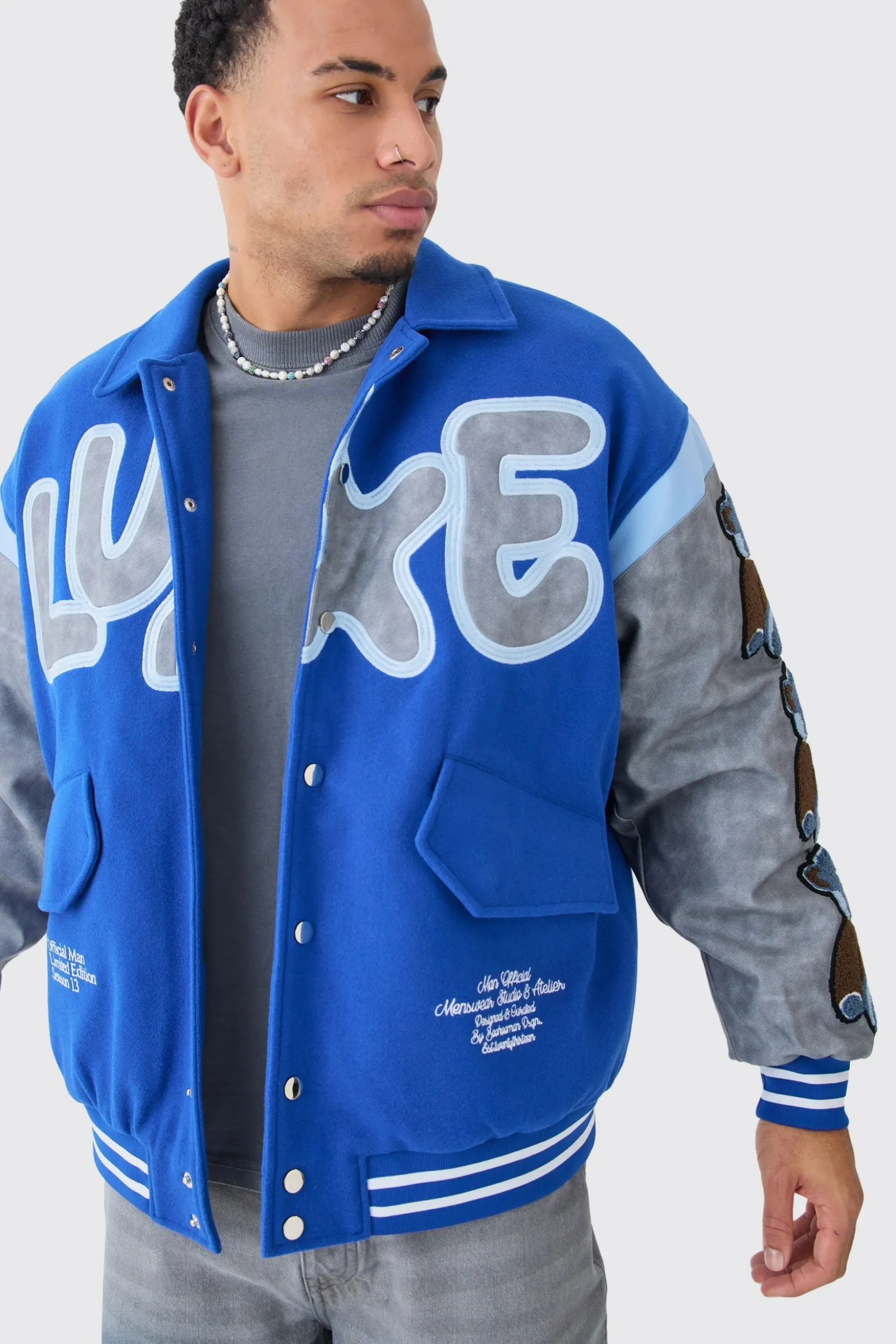 Oversized Washed Sleeve Teddy Varsity Jacket | BoohooMAN UK