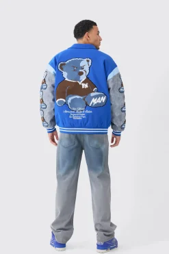 Oversized Washed Sleeve Teddy Varsity Jacket | BoohooMAN UK