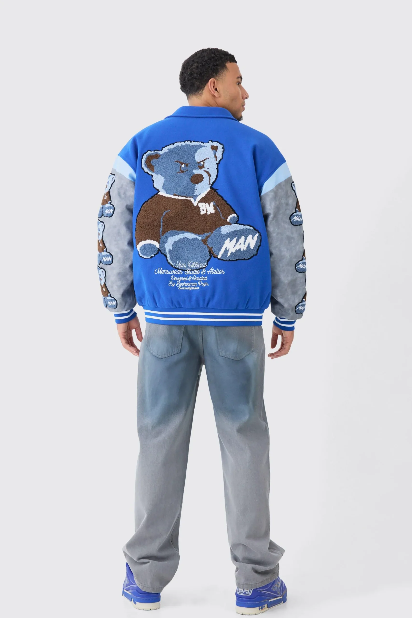 Oversized Washed Sleeve Teddy Varsity Jacket | BoohooMAN UK