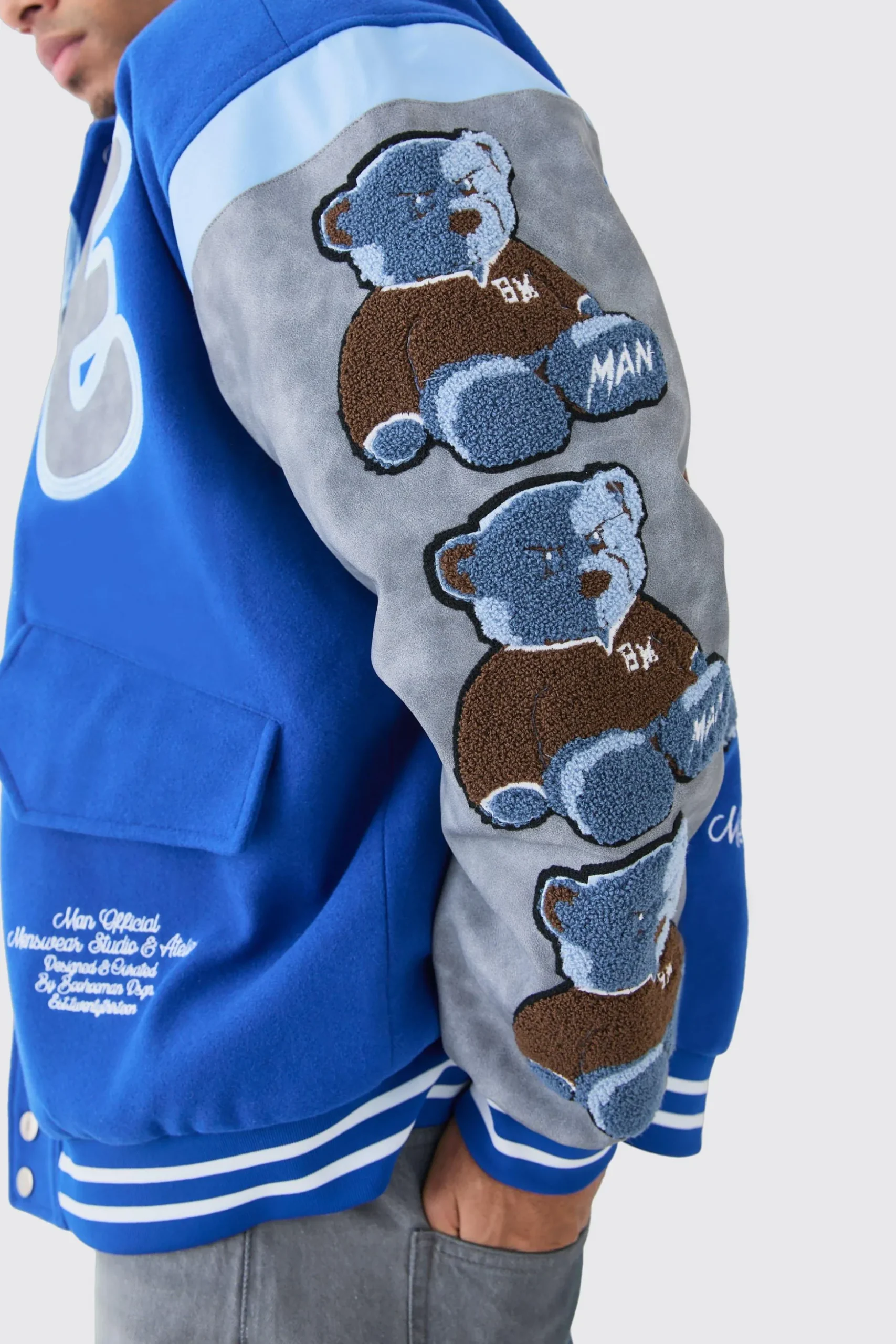 Oversized Washed Sleeve Teddy Varsity Jacket | BoohooMAN UK