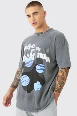 Oversized Washed Space Puff Print T-shirt | BoohooMAN UK
