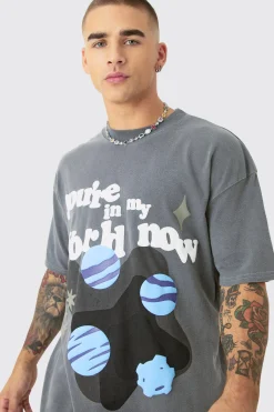 Oversized Washed Space Puff Print T-shirt | BoohooMAN UK