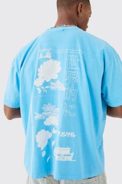 Oversized Washed Stencil Floral Back Print T-shirt | BoohooMAN UK