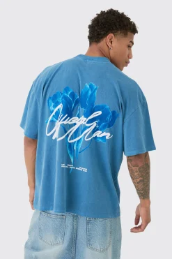 Oversized Washed Tonal Floral Print T-shirt | BoohooMAN UK