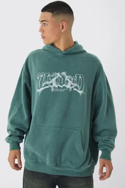 Oversized Washed Tonal Worldwd Renaissance Print Hoodie | BoohooMAN UK