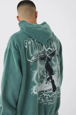 Oversized Washed Tonal Worldwd Renaissance Print Hoodie | BoohooMAN UK