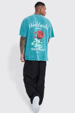 Oversized Washed Worldwide Floral Graphic T-shirt | BoohooMAN UK