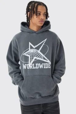 Oversized Washed Worldwide Print Hoodie | BoohooMAN UK