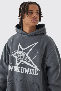 Oversized Washed Worldwide Print Hoodie | BoohooMAN UK