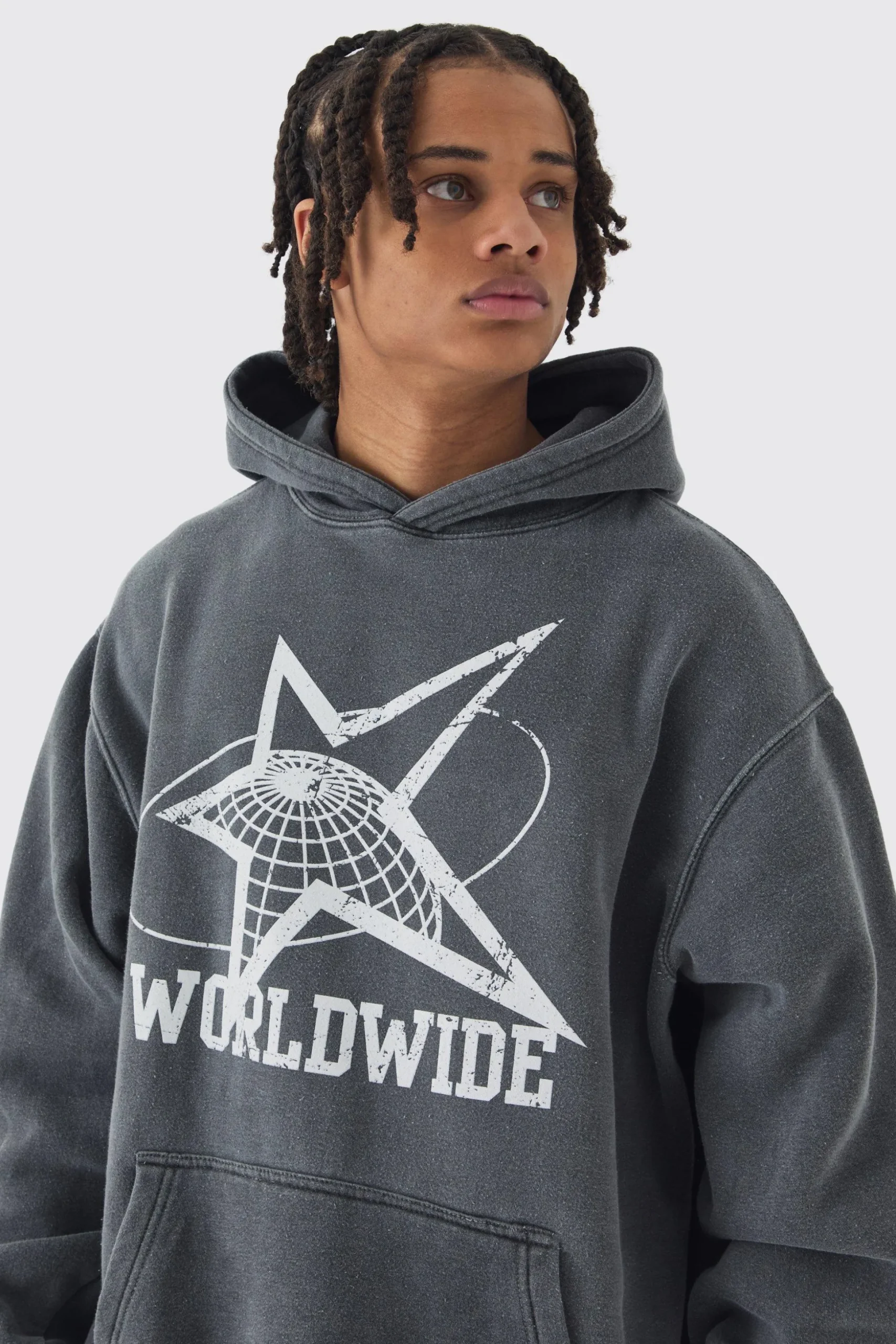 Oversized Washed Worldwide Print Hoodie | BoohooMAN UK