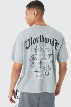 Oversized Washed Worldwide Cross Back Print T-Shirt | BoohooMAN UK
