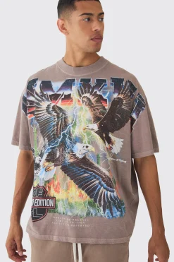 Oversized Western USA Eagle Large Scale Wash Print T-Shirt | BoohooMAN UK