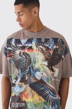 Oversized Western USA Eagle Large Scale Wash Print T-Shirt | BoohooMAN UK