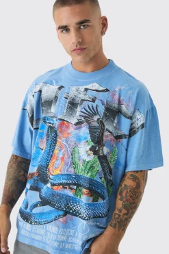 Oversized Western Vintage Cobra Large Scale Wash Print T-Shirt | BoohooMAN UK