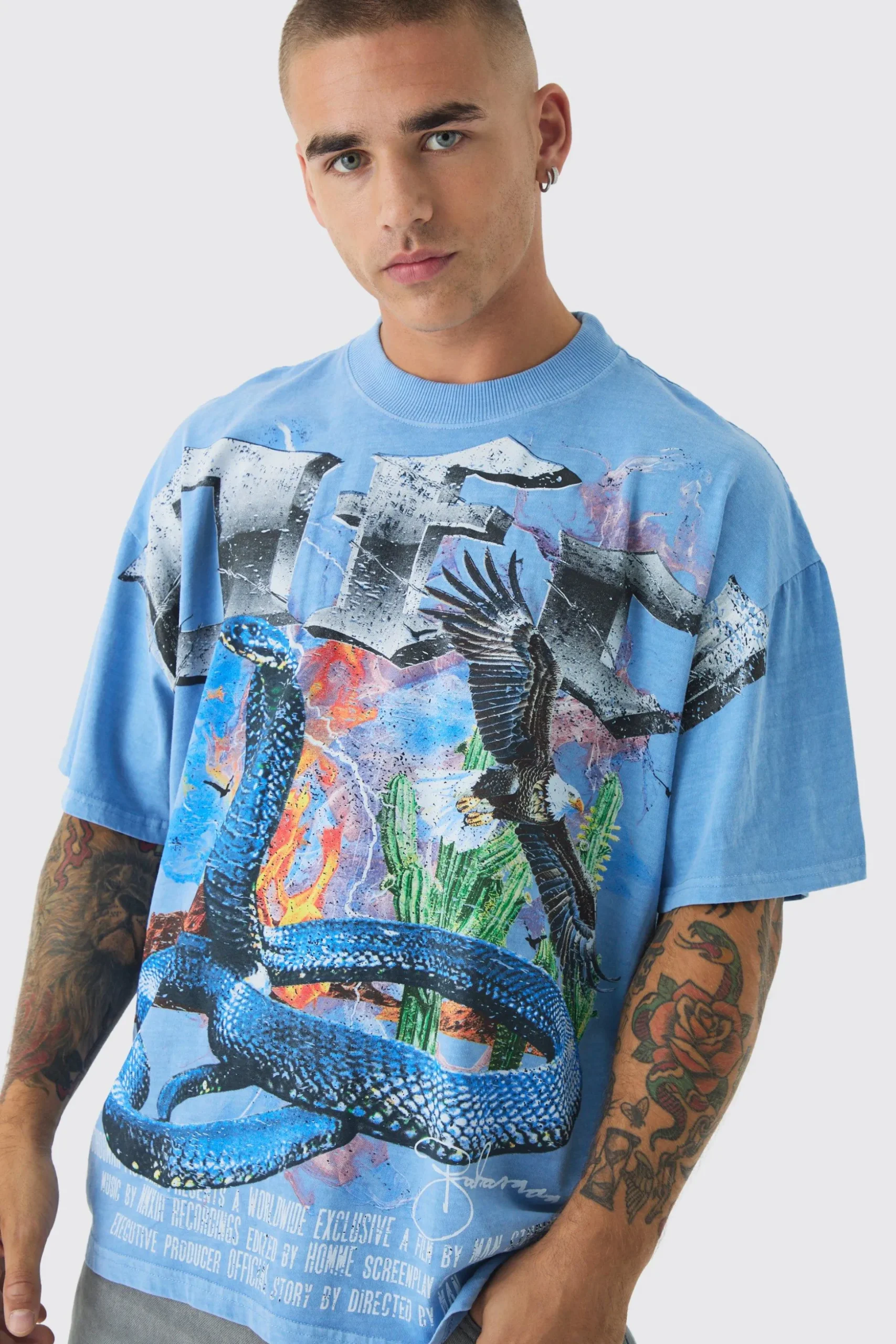 Oversized Western Vintage Cobra Large Scale Wash Print T-Shirt | BoohooMAN UK