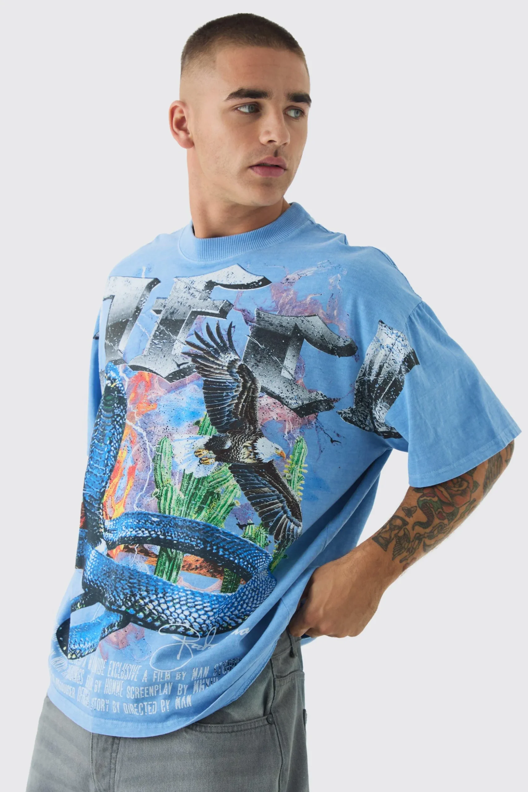 Oversized Western Vintage Cobra Large Scale Wash Print T-Shirt | BoohooMAN UK