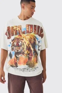 Oversized Western Worldwide Tiger Large Scale Wash Print T-Shirt | BoohooMAN UK