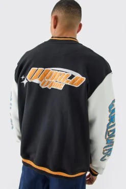 Oversized Worldwide Applique Jersey Bomber Jacket | BoohooMAN UK