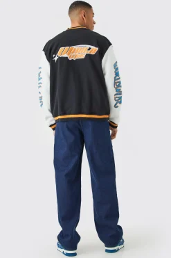Oversized Worldwide Applique Jersey Bomber Jacket | BoohooMAN UK